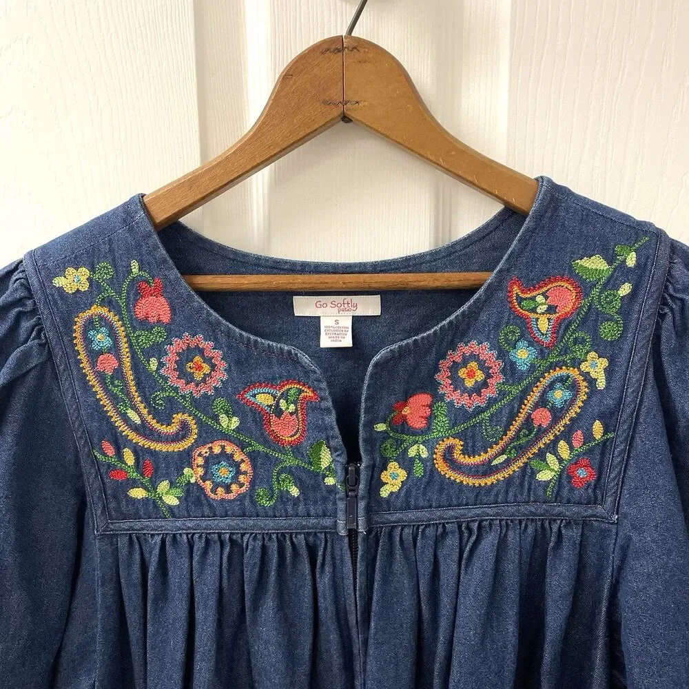 Go Softly Patio Embroidered Full Zip Denim Chambray Housedress Women's Size S